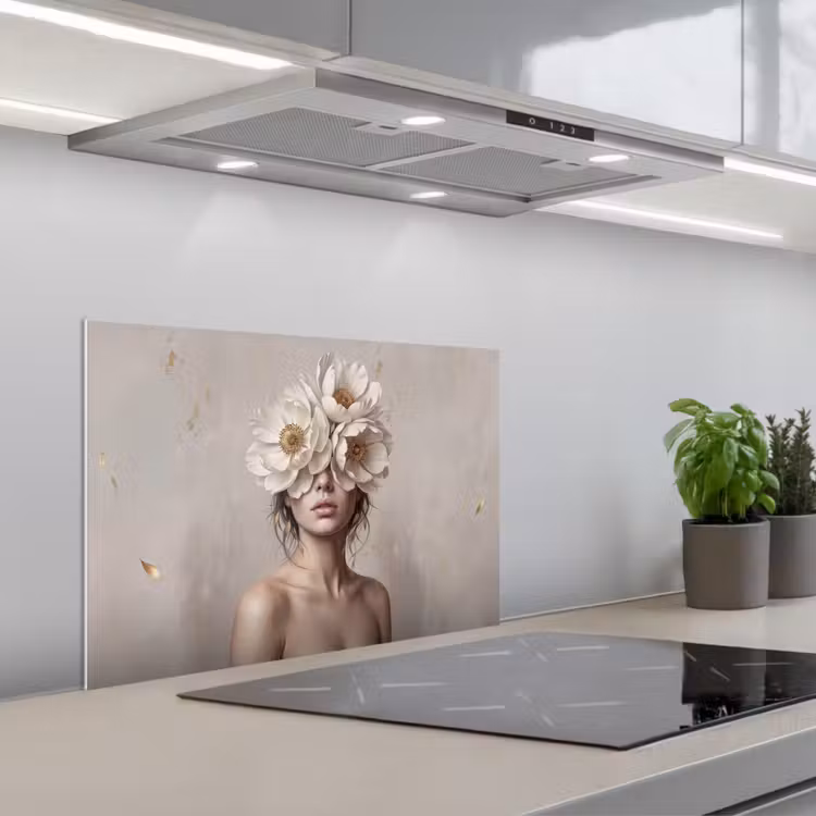 Vrouw - Pioenroos - Wit keuken achterwand spatscherm klein -3d_schuin