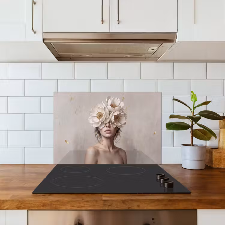 Vrouw - Pioenroos - Wit keuken achterwand spatscherm klein -sfeer2