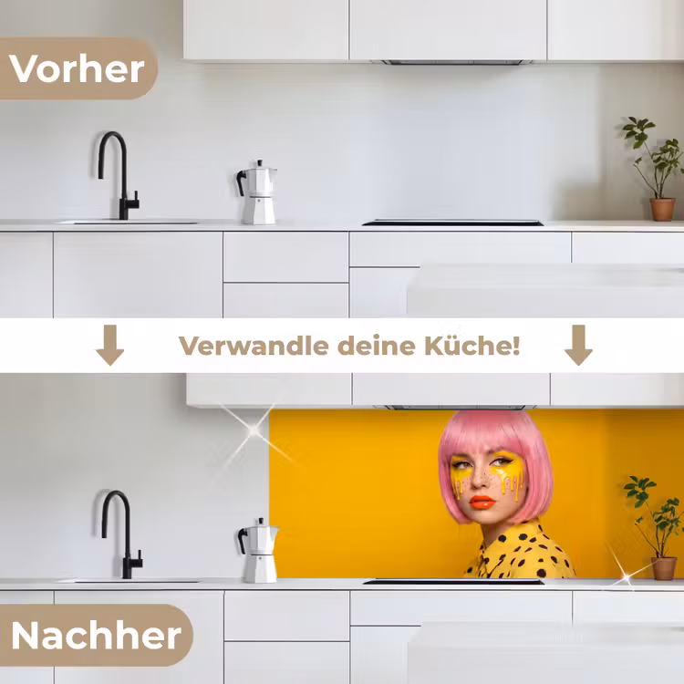 Vrouw - Portret - Abstract - Kleurrijk - Geel keuken achterwand 2 middel -voor-na_DE