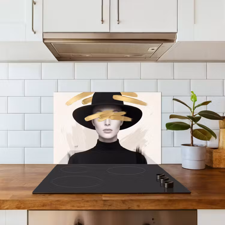 Vrouw - Portret - Modern - Goud - Kunst keuken achterwand spatscherm klein -sfeer2