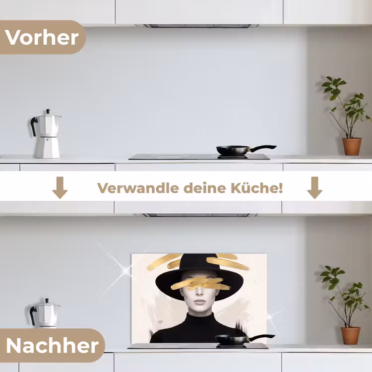 Vrouw - Portret - Modern - Goud - Kunst keuken achterwand spatscherm klein -voor_na_DE