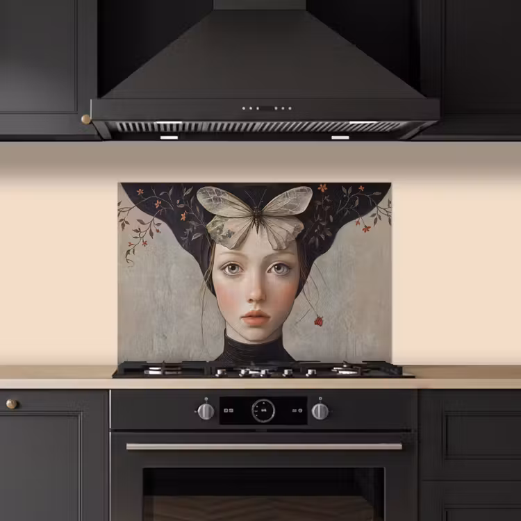 Woman - Butterfly - Art - Classic - Muted keuken achterwand spatscherm klein -sfeer1