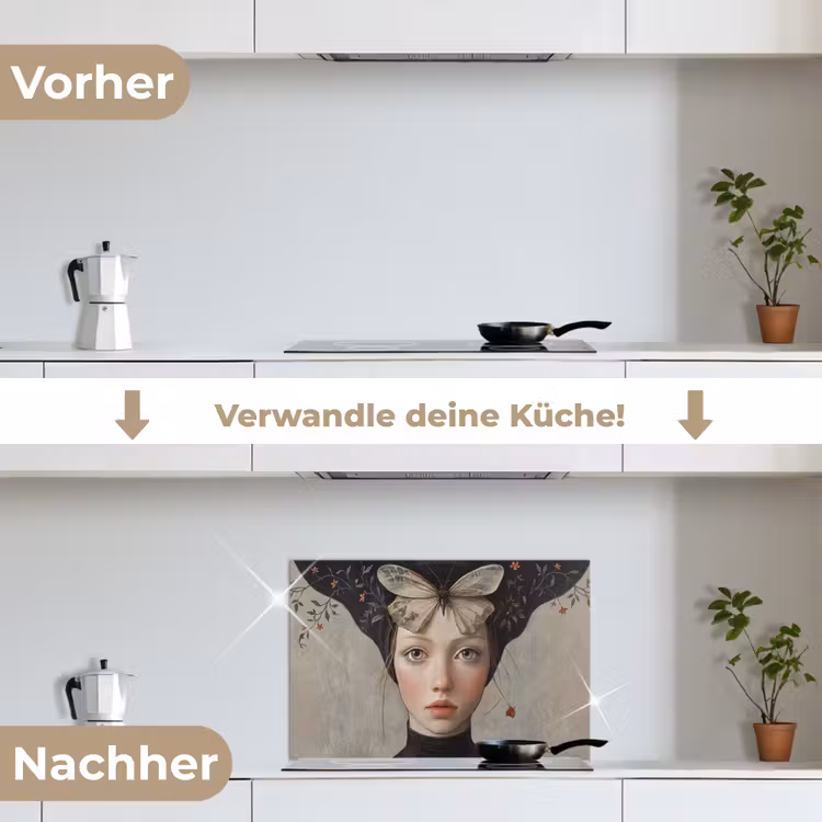Woman - Butterfly - Art - Classic - Muted keuken achterwand spatscherm klein -voor_na_DE