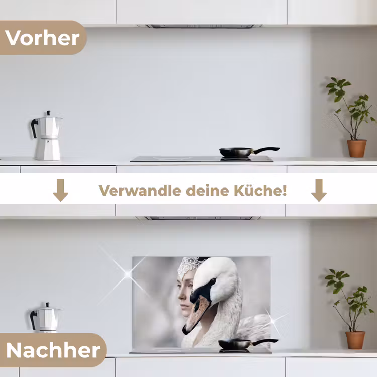 Vrouw - Zwaan - Wit keuken achterwand spatscherm klein -voor_na_DE
