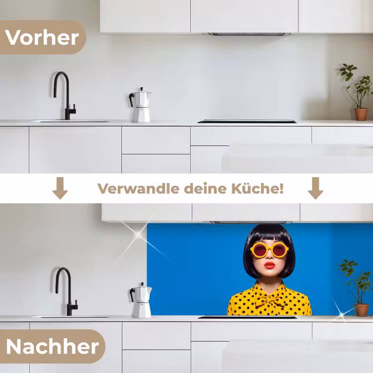 Vrouw - Zonnebril - Pop Art - Portret - Geel keuken achterwand 2 middel -voor-na_DE