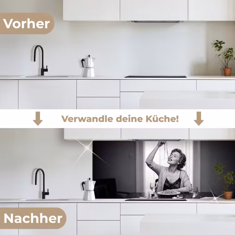 Vrouw - Spaghetti - Zwart - Wit keuken achterwand 2 middel -voor-na_DE