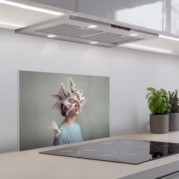 Vrouw - Vogels - Abstract - Modern - Wit keuken achterwand spatscherm klein -3d_schuin