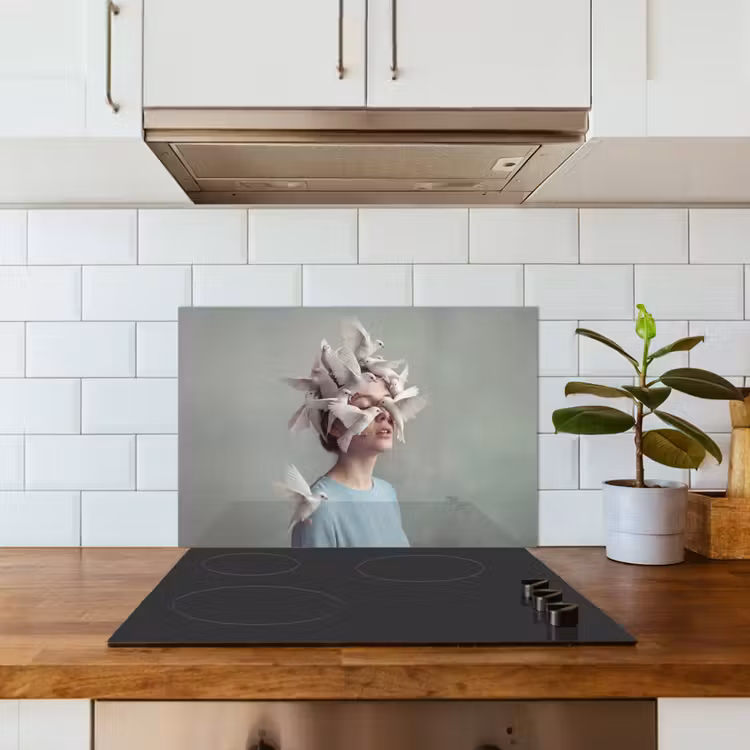 Vrouw - Vogels - Abstract - Modern - Wit keuken achterwand spatscherm klein -sfeer2