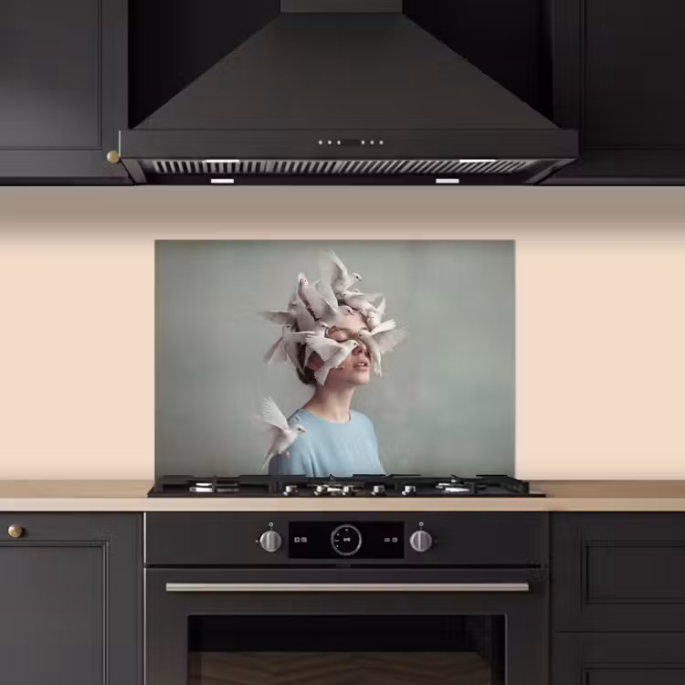 Vrouw - Vogels - Abstract - Modern - Wit keuken achterwand spatscherm klein -sfeer1