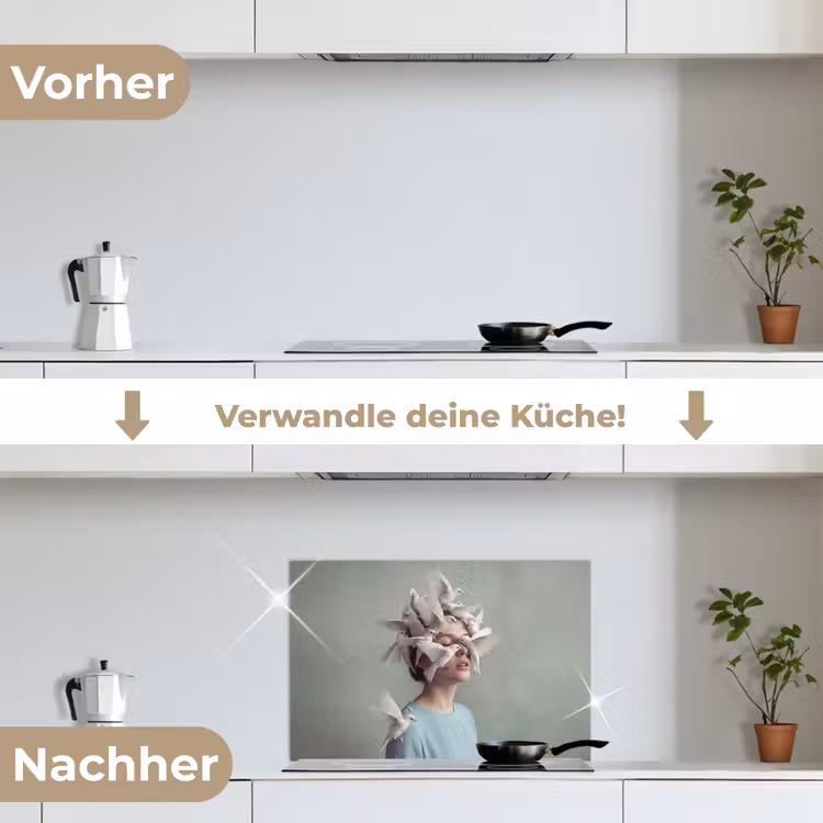 Vrouw - Vogels - Abstract - Modern - Wit keuken achterwand spatscherm klein -voor_na_DE