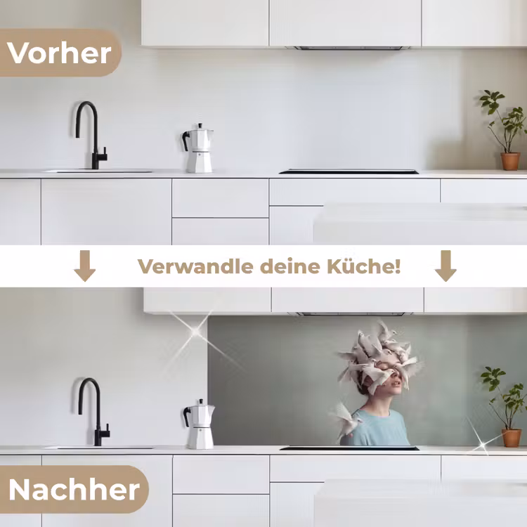 Vrouw - Vogels - Abstract - Modern - Wit keuken achterwand 2 middel -voor-na_DE