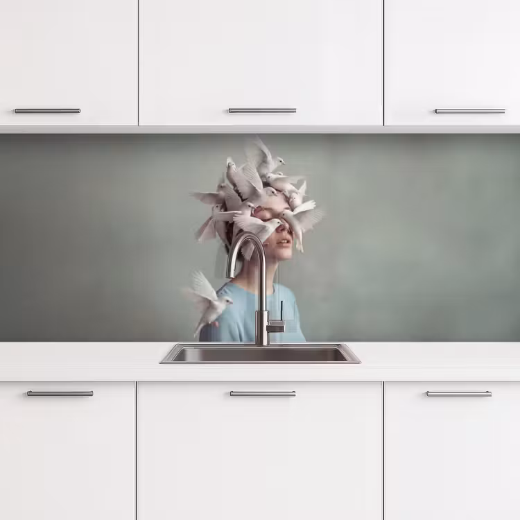 Vrouw - Vogels - Abstract - Modern - Wit keuken achterwand 2 middel -3d