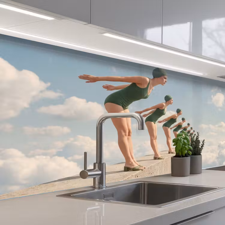 Küchenrückwand - Frauen – Tauchhaltung – Wolken - Vrouwen - Duikhouding - Wolken keuken achterwand 2 middel