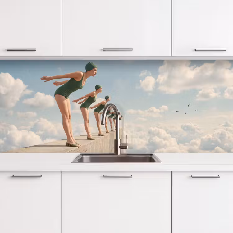 Küchenrückwand - Frauen – Tauchhaltung – Wolken - Vrouwen - Duikhouding - Wolken keuken achterwand 2 middel
