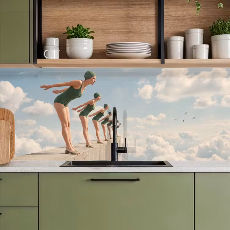 Küchenrückwand - Frauen – Tauchhaltung – Wolken - Vrouwen - Duikhouding - Wolken keuken achterwand 2 middel