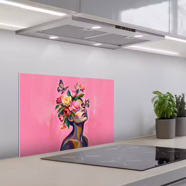Vrouwengezicht - Vlinders - Kleurrijk keuken achterwand spatscherm klein -3d_schuin