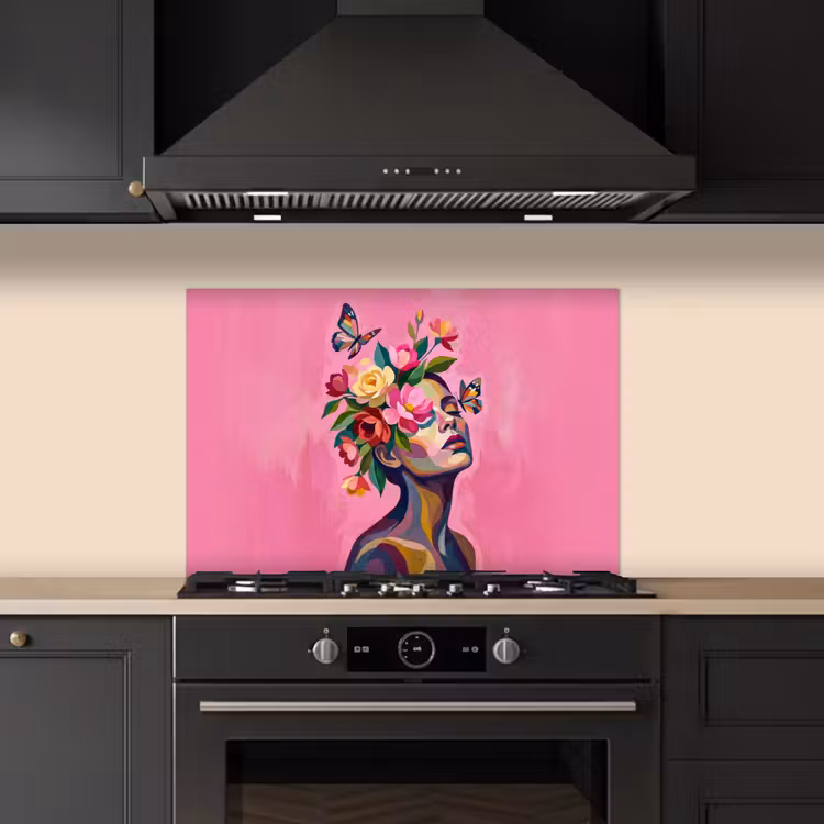Vrouwengezicht - Vlinders - Kleurrijk keuken achterwand spatscherm klein -sfeer1