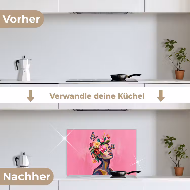 Vrouwengezicht - Vlinders - Kleurrijk keuken achterwand spatscherm klein -voor_na_DE