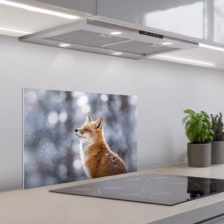 Vos - Sneeuwval - Portret - Winter - Sfeervol keuken achterwand spatscherm klein -3d_schuin