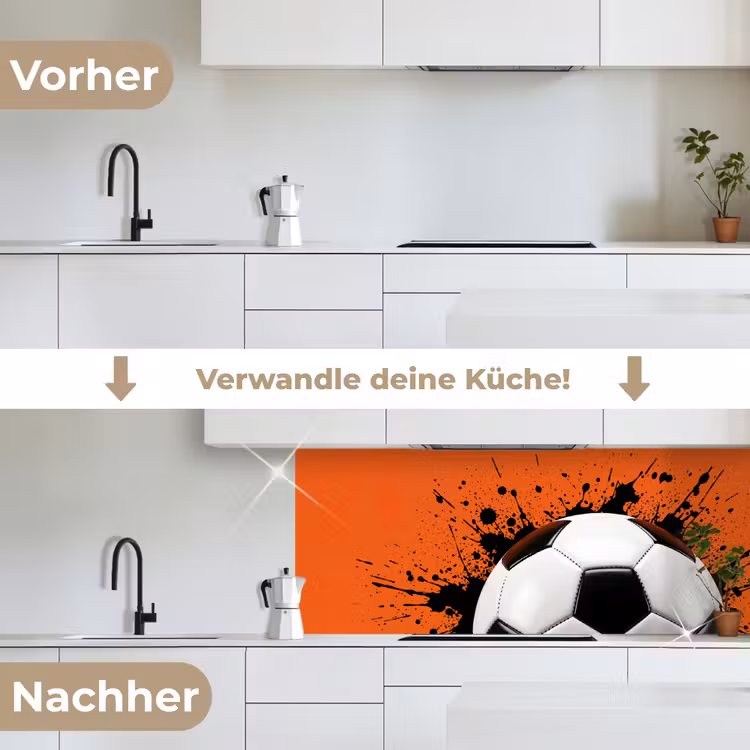 Voetbal - Verf - Sport - Oranje keuken achterwand 2 middel -voor-na_DE
