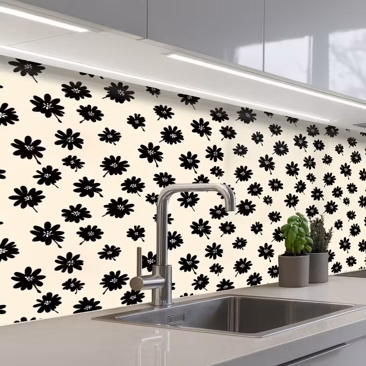 Madeliefjes - Grafisch - Zwart - Beige keuken achterwand 2 middel 871 -3d_schuin