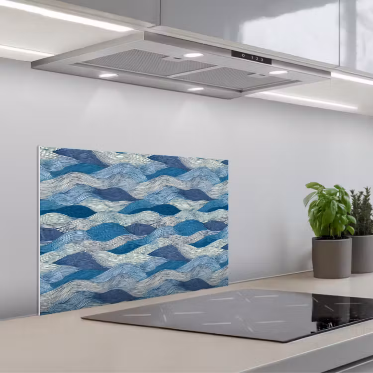 Getekend - Blauw - Wit - Golvend - Streepjes keuken achterwand spatscherm klein 900 -3d_schuin