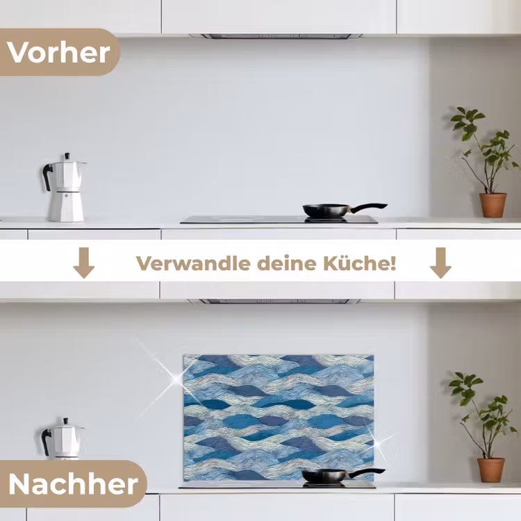 Getekend - Blauw - Wit - Golvend - Streepjes keuken achterwand spatscherm klein 900 -voor_na_DE