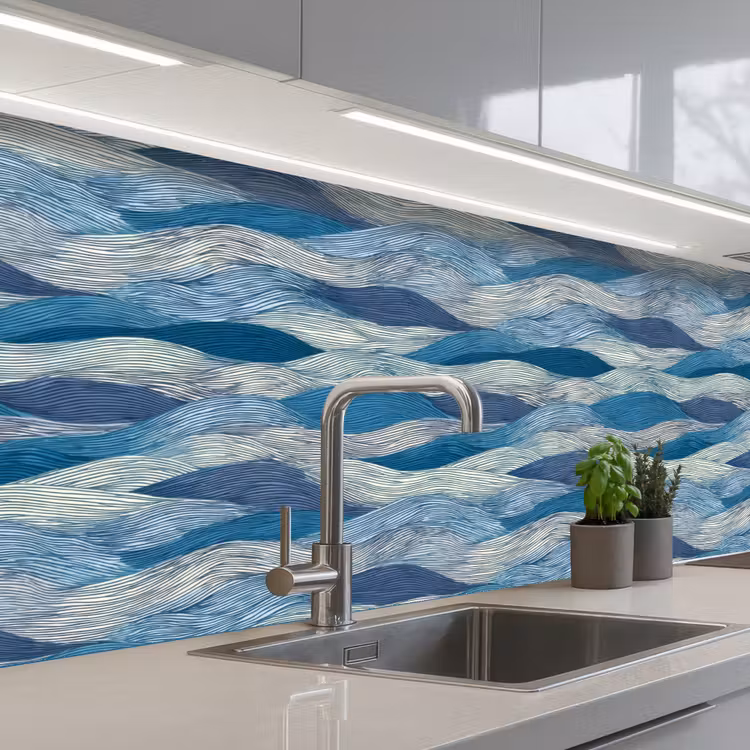 Getekend - Blauw - Wit - Golvend - Streepjes keuken achterwand 2 middel 871 -3d_schuin