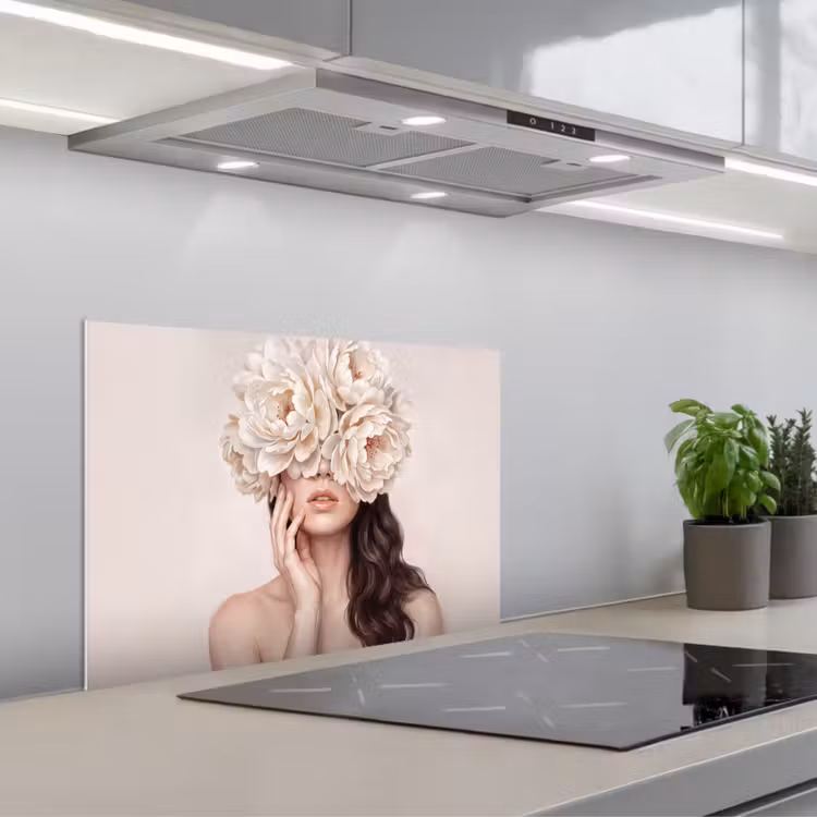 Gezicht - Pioenrozen - Crème keuken achterwand spatscherm klein -3d_schuin