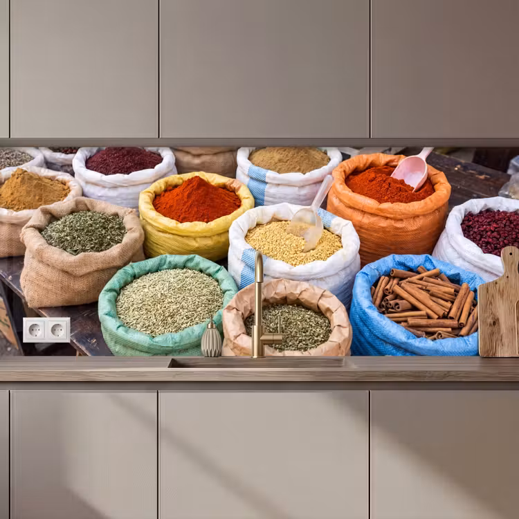 Küchenrückwand - Gewürze – Beutel – Markt - Kruiden - Zakken - Markt keuken achterwand 2 middel zz_3dshopping