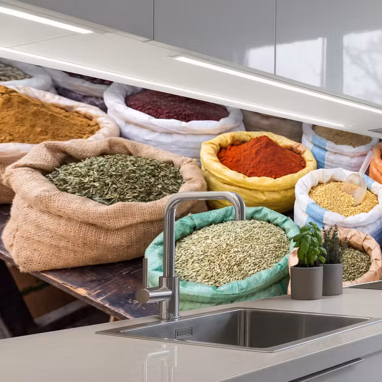 Küchenrückwand - Gewürze – Beutel – Markt - Kruiden - Zakken - Markt keuken achterwand 2 middel