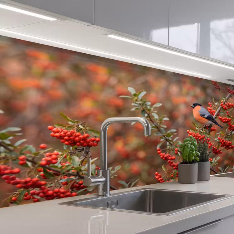 Goudvink - Bessen - Herfst - Natuur - Kleurrijk keuken achterwand 2 middel -3d_schuin