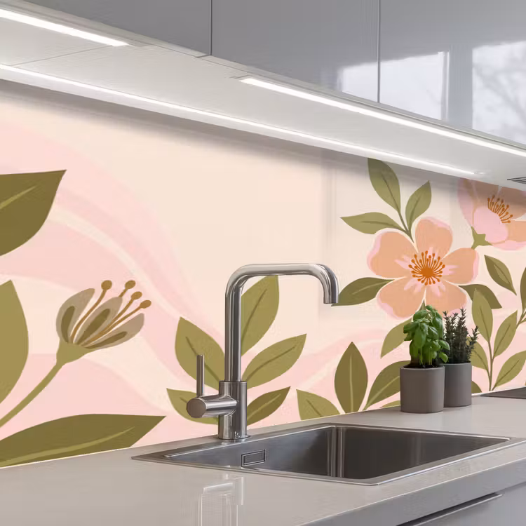 Grafisch - Bloemen - Roze keuken achterwand 2 middel -3d_schuin