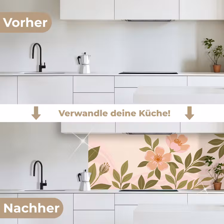 Grafisch - Bloemen - Roze keuken achterwand 2 middel -voor-na_DE