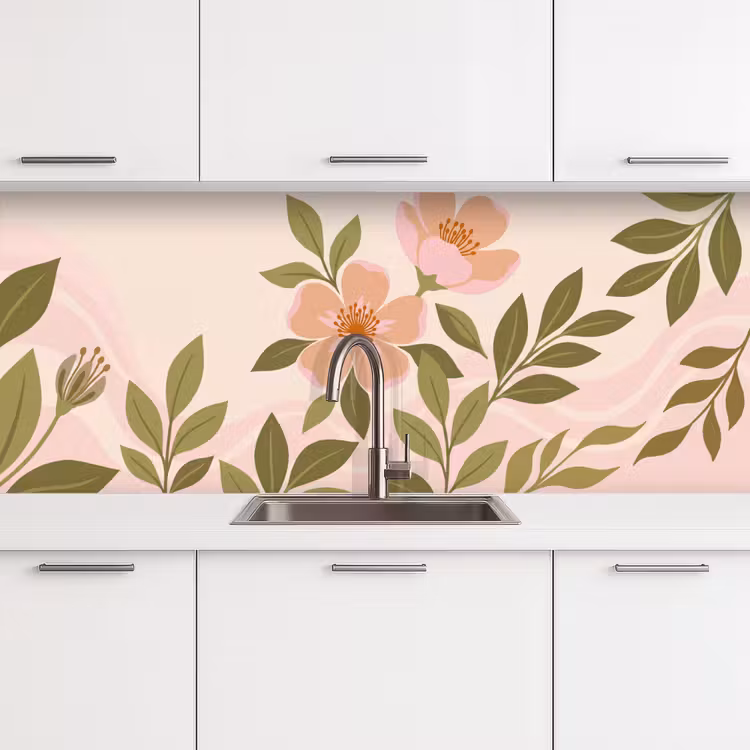 Grafisch - Bloemen - Roze keuken achterwand 2 middel -3d