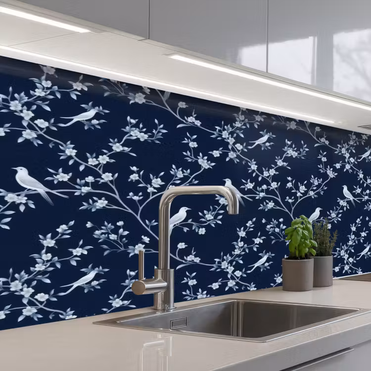 Grafisch - Bloesemtak - Blauw keuken achterwand 2 middel 871 -3d_schuin