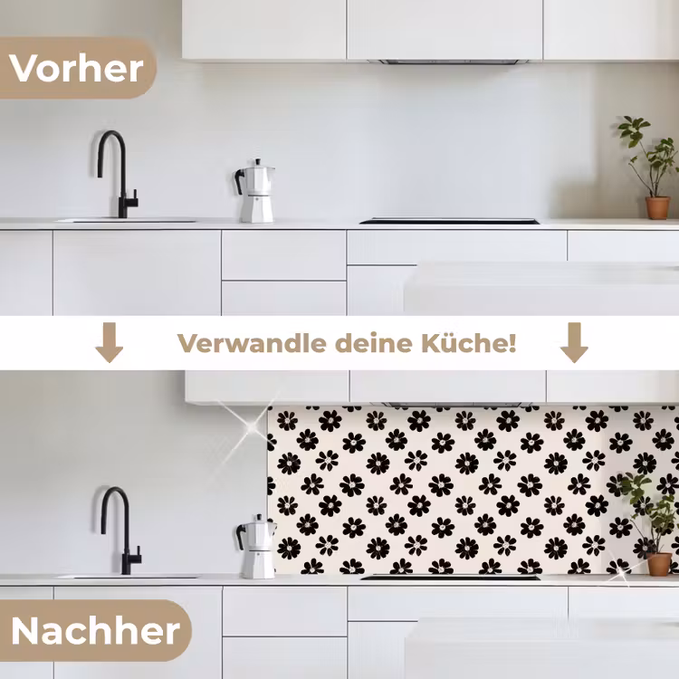 Grafisch - Madeliefjes - Zwart - Beige keuken achterwand 2 middel 871 -voor-na_DE