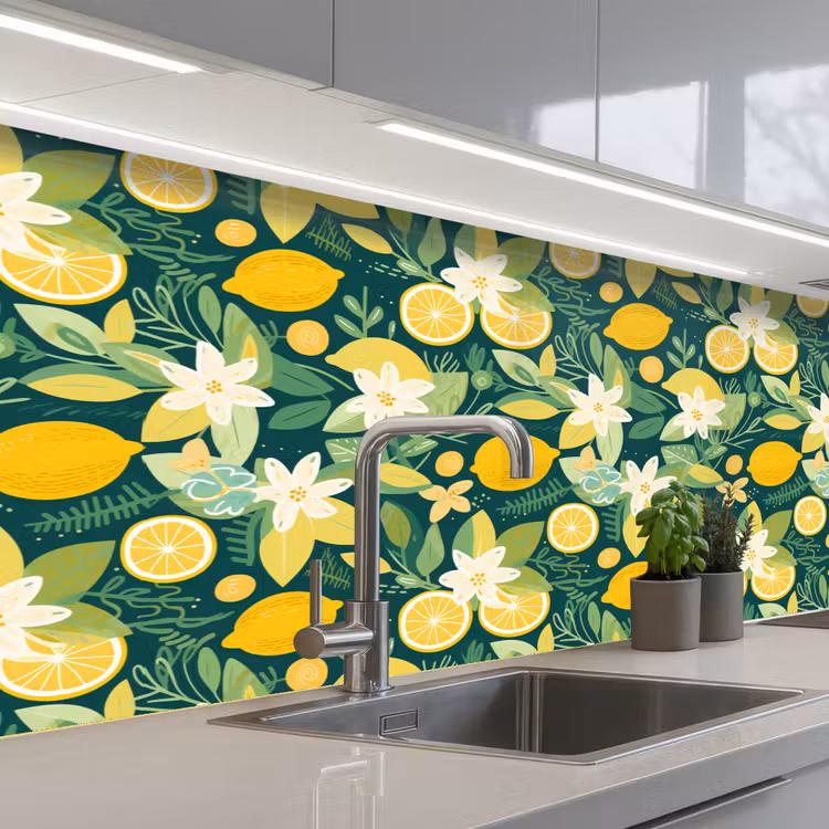 Groen - Bloemen - Citroenpartjes keuken achterwand 2 middel 871 -3d_schuin