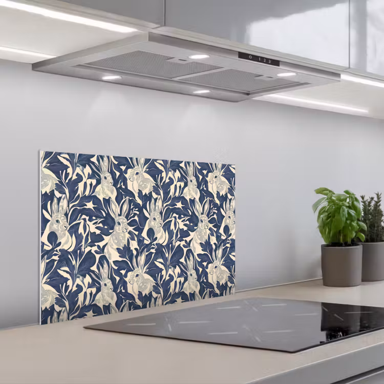 Hazen - Bladeren - Patroon - Blauw - Beige keuken achterwand spatscherm klein 900 -3d_schuin