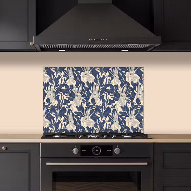 Hazen - Bladeren - Patroon - Blauw - Beige keuken achterwand spatscherm klein 900 -sfeer1