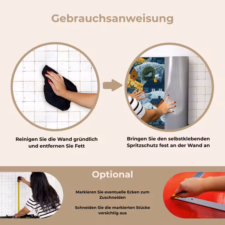 Huisjes - Bloemen - Patroon - Geel - Blauw keuken achterwand spatscherm klein 900 -gebruiksaanwijzing_DE
