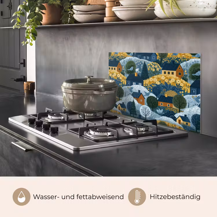 Huisjes - Bloemen - Patroon - Geel - Blauw keuken achterwand spatscherm klein 900 -usp_DE