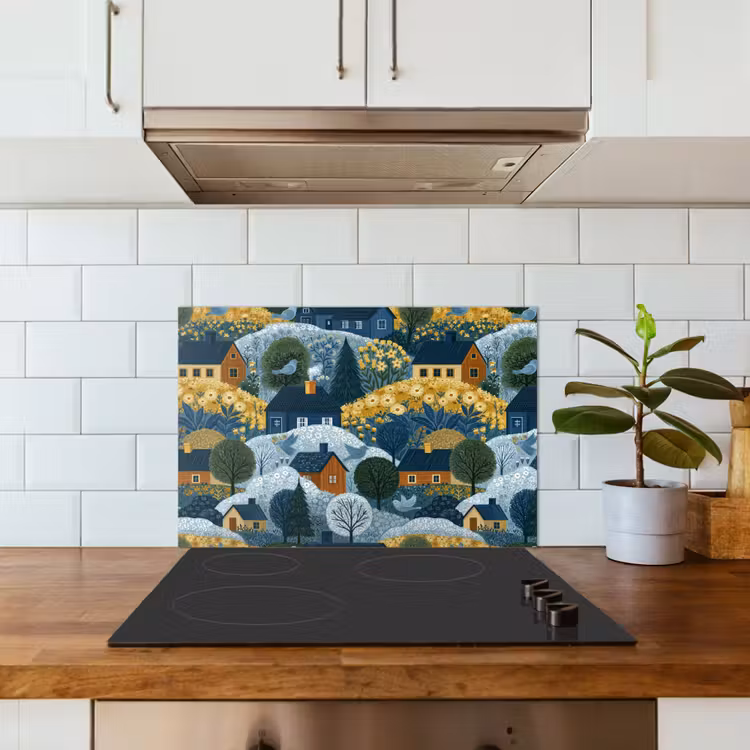 Huisjes - Bloemen - Patroon - Geel - Blauw keuken achterwand spatscherm klein 900 -sfeer2