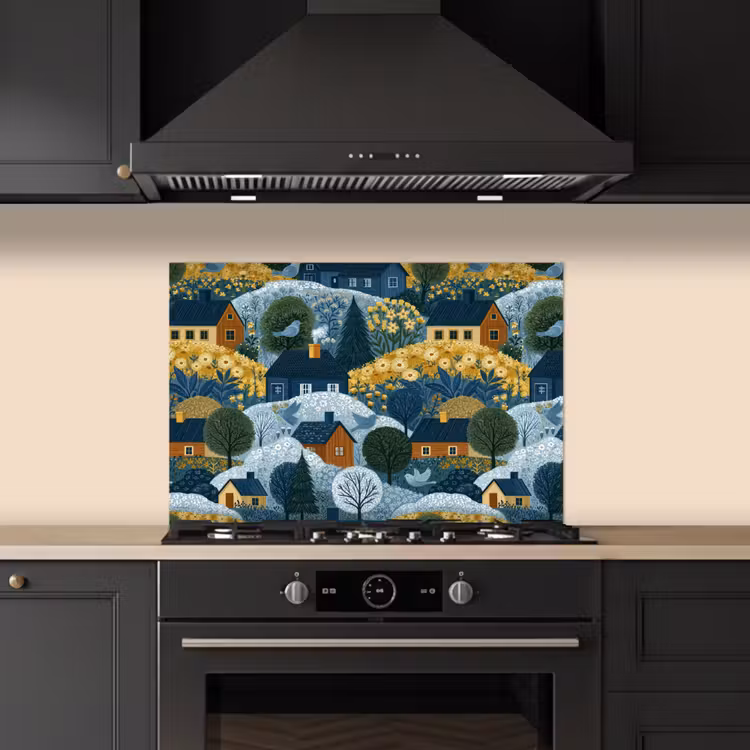 Huisjes - Bloemen - Patroon - Geel - Blauw keuken achterwand spatscherm klein 900 -sfeer1