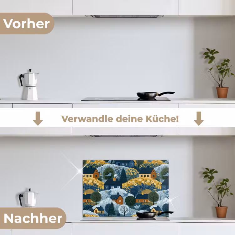 Huisjes - Bloemen - Patroon - Geel - Blauw keuken achterwand spatscherm klein 900 -voor_na_DE