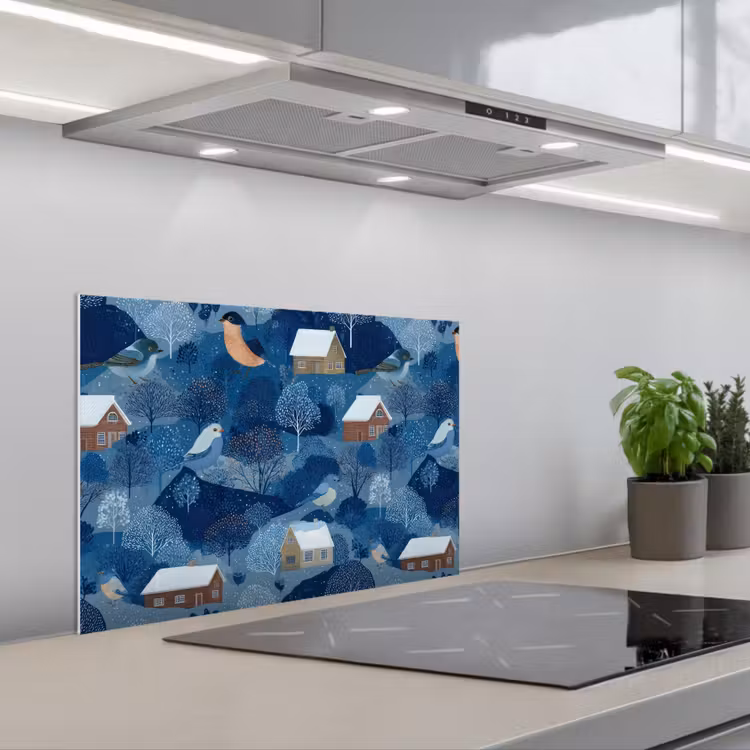 Huisjes - Vogels - Sneeuw - Winter - Blauw keuken achterwand spatscherm klein 900 -3d_schuin