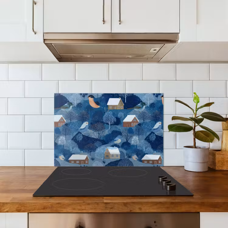 Huisjes - Vogels - Sneeuw - Winter - Blauw keuken achterwand spatscherm klein 900 -sfeer2