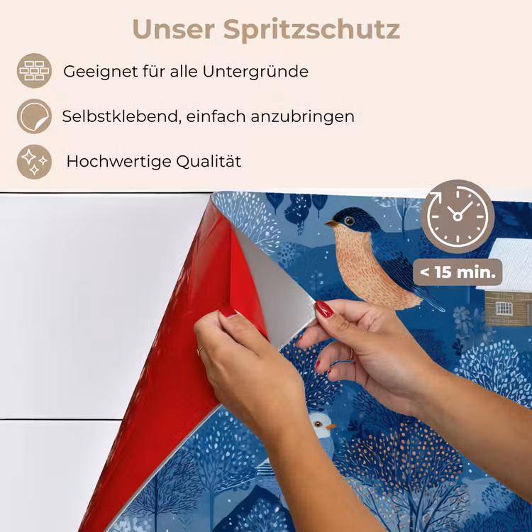 Huisjes - Vogels - Sneeuw - Winter - Blauw keuken achterwand spatscherm klein 900 -spatscherm_DE
