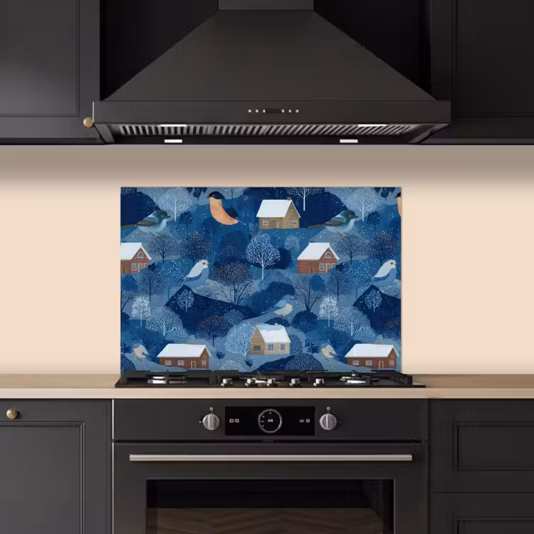 Huisjes - Vogels - Sneeuw - Winter - Blauw keuken achterwand spatscherm klein 900 -sfeer1