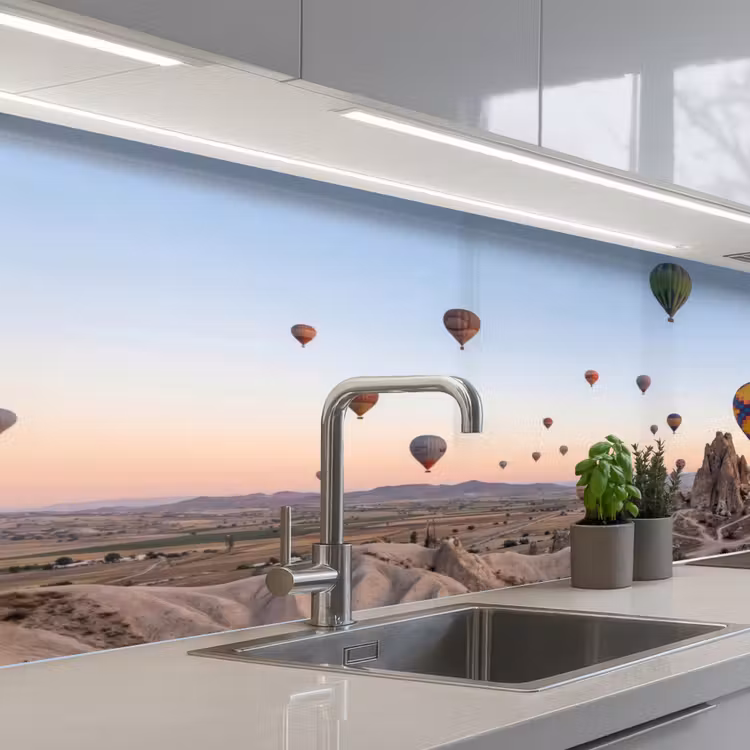Luchtballonnen - Rotsen - Zonsopgang keuken achterwand 2 middel -3d_schuin